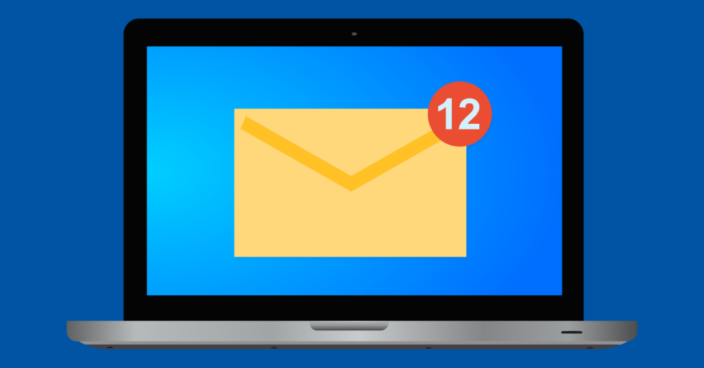 Illustration of a laptop with a large mail envelope icon with an indication showing there are 12 new emails.