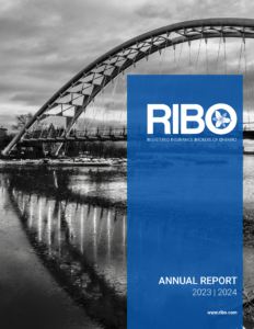 Cover of RIBO's 2023-2024 Annual Report featuring RIBO's logo and a photo of a bridge over water.