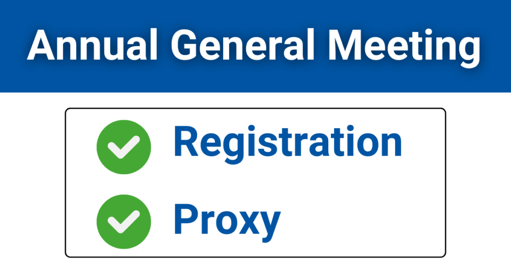 Image with the text 'Annual General Meeting' with a checkmark beside the word Registration and Proxy.