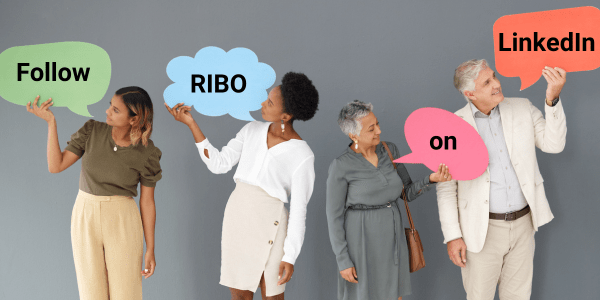 Four people, each holding up speech bubbles with one word each. Collectively, the words say 'Follow RIBO on LinkedIn'.