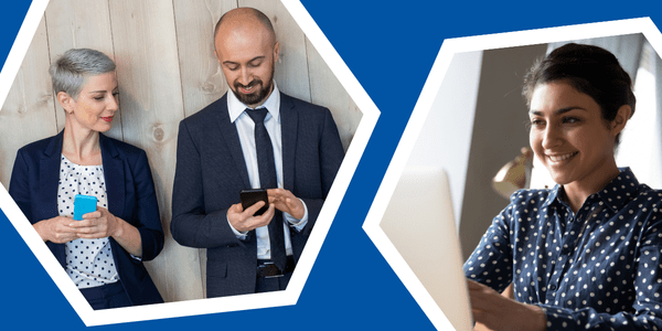 Two professionals wearing work attire using cell phones. A third professional smiles while working on a laptop.